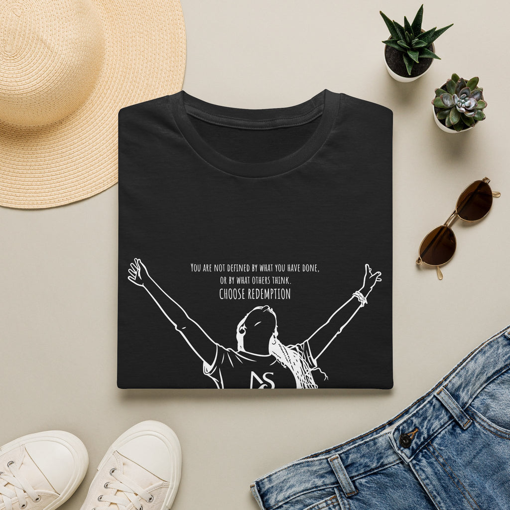 Black 'Choose Redemption' Inspirational Woman Illustration Tee (white line art)