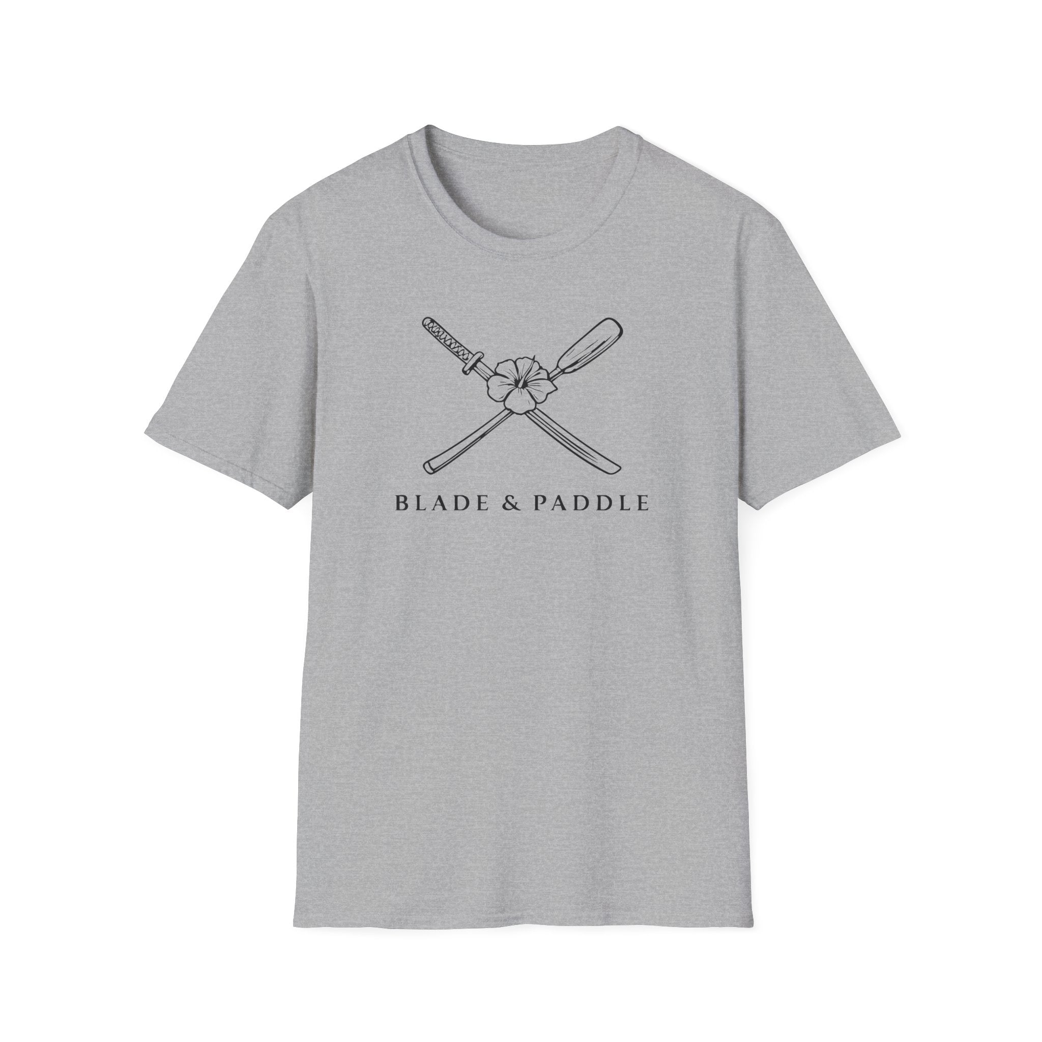 Blade & Paddle T-Shirt (front center logos in black lineart)
