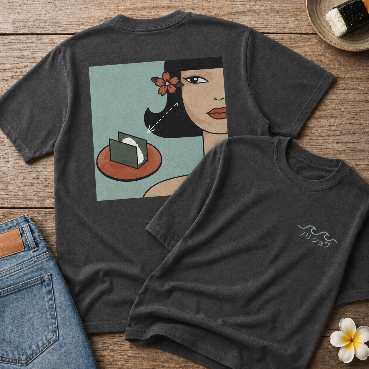 🍙 Midnight Snack T-Shirt • Wave Logo with Japanese Text (ハリショワ) — Minimal Surf Vibe