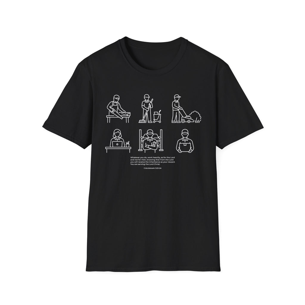 “Whatever You Do, Work Heartily” Minimalist White ink Jobs Tee