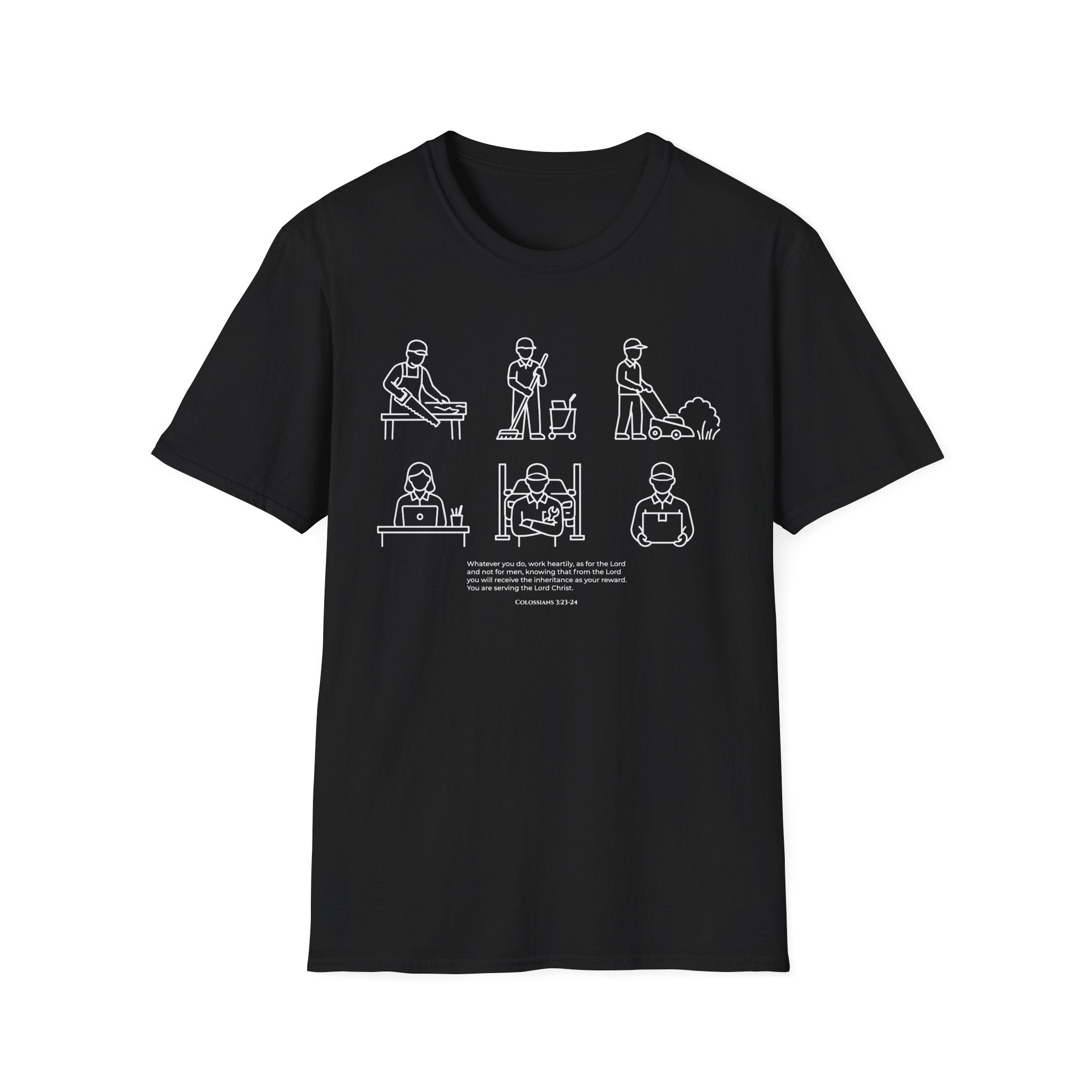 “Whatever You Do, Work Heartily” Minimalist White ink Jobs Tee