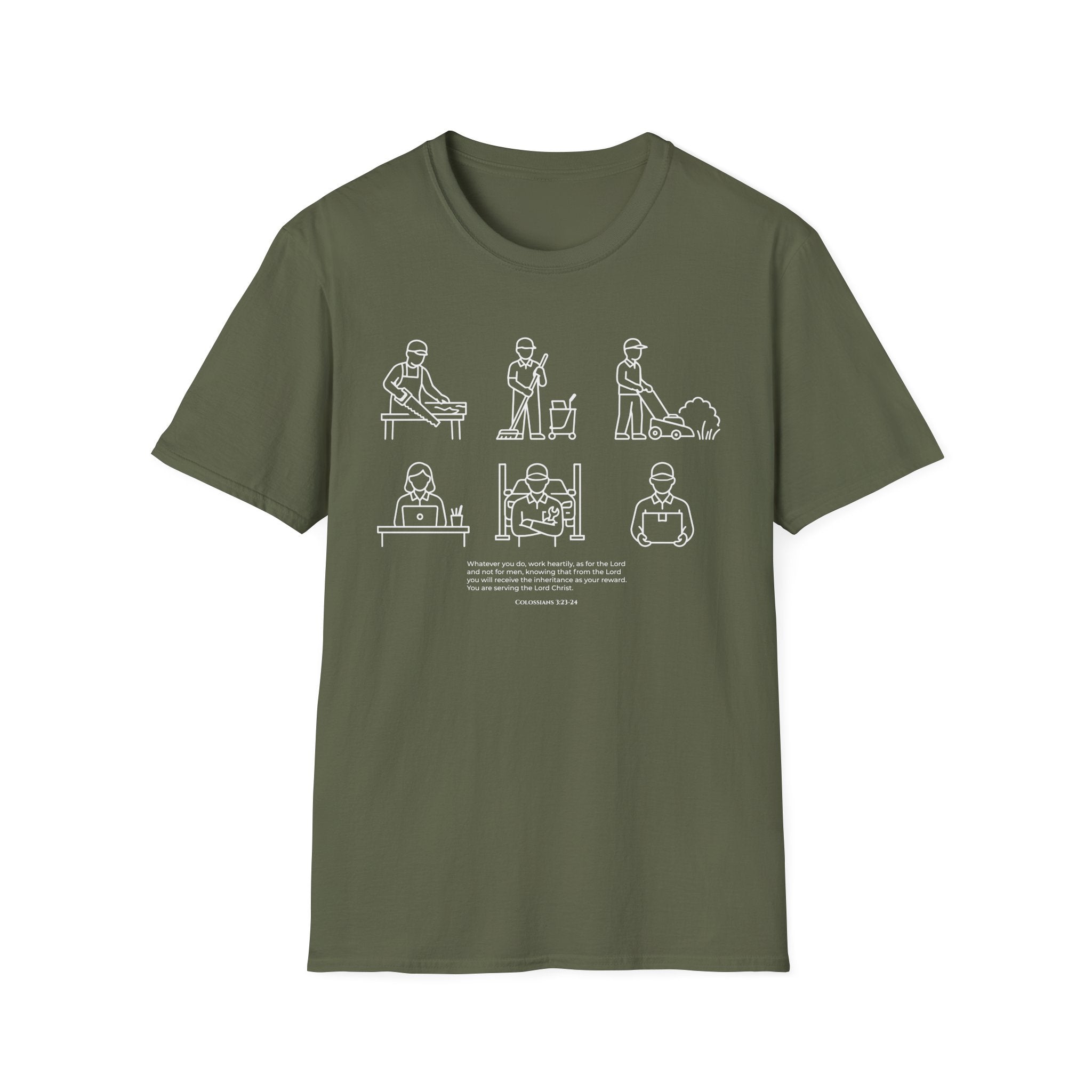 “Whatever You Do, Work Heartily” Minimalist White ink Jobs Tee